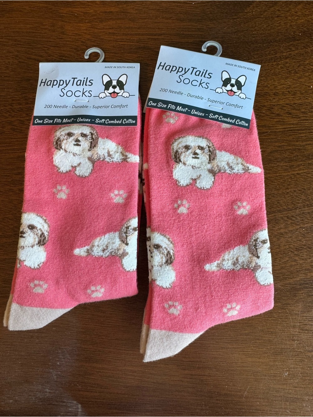 Happy Tails Shi Tzu Pink Dog Print Crew Socks 2 Pairs Unisex Fun Socks